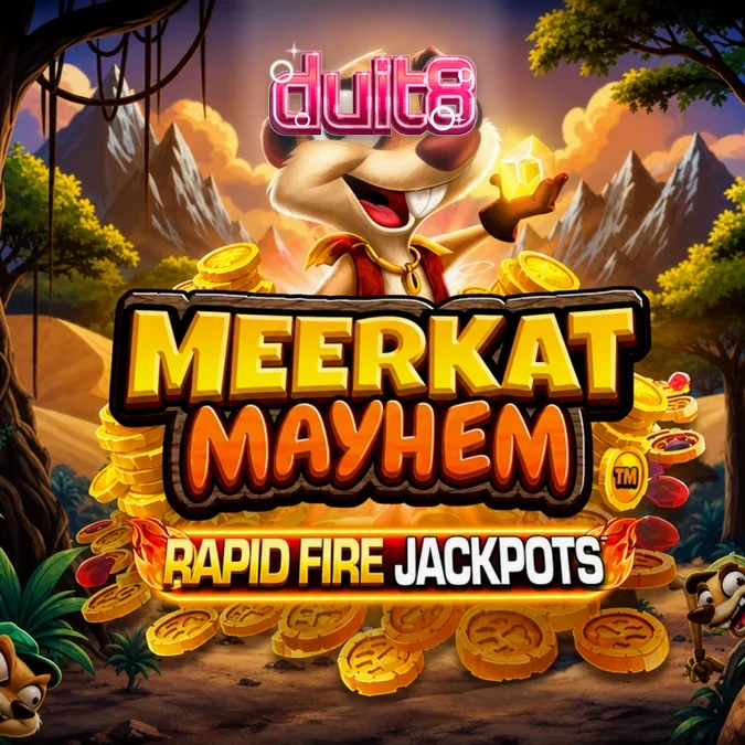 Tampilan antarmuka slot Meerkat Mayhem dengan karakter meerkat dan gulungan 6x4